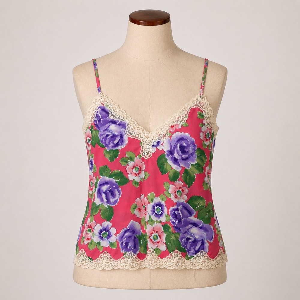 Victorias Secret Vintage Gold Label Floral Lace Trim Camisole Top Pink Purple M